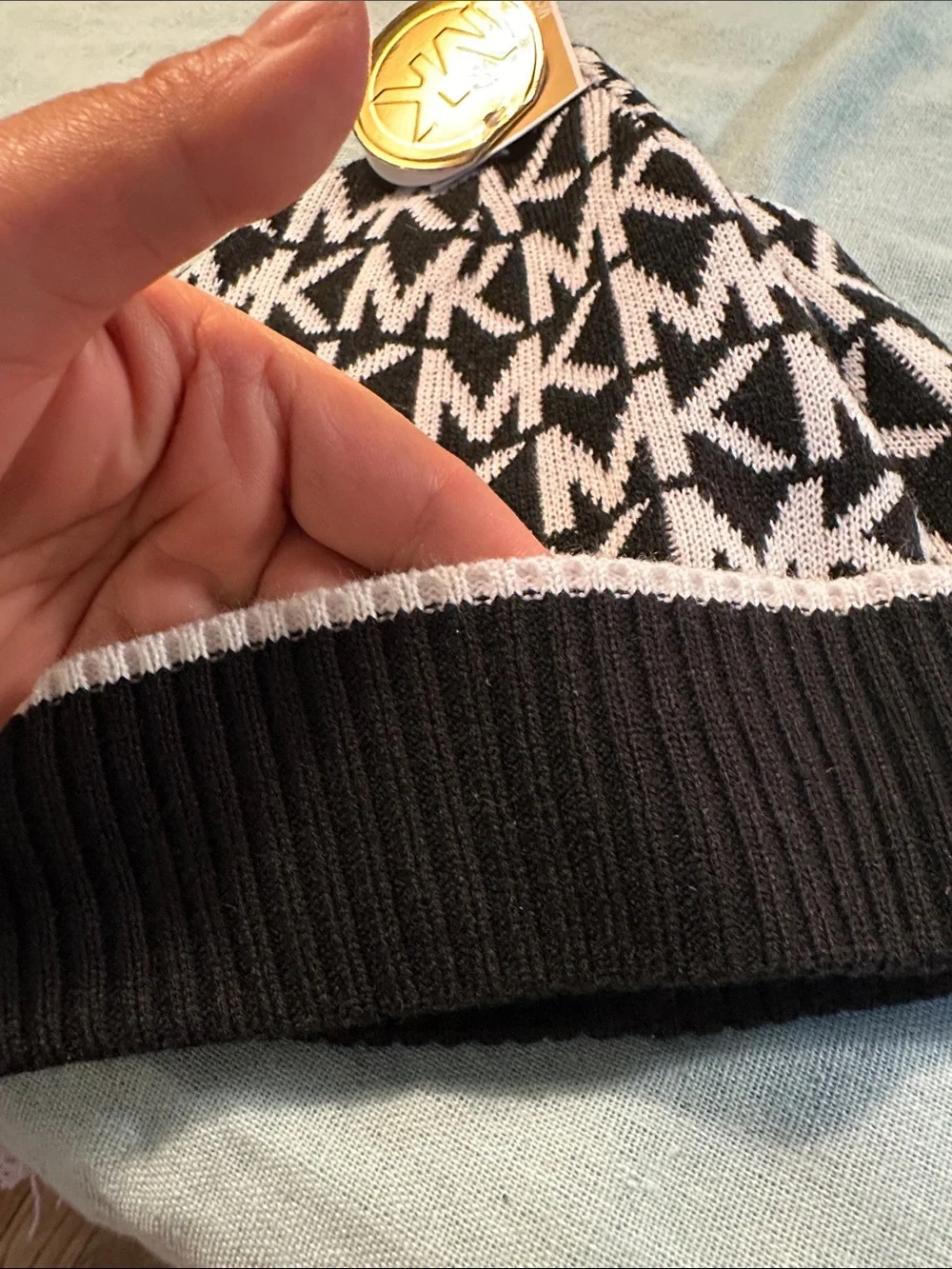 Michael Kors Kids Black & White MK Logo Knit Beanie